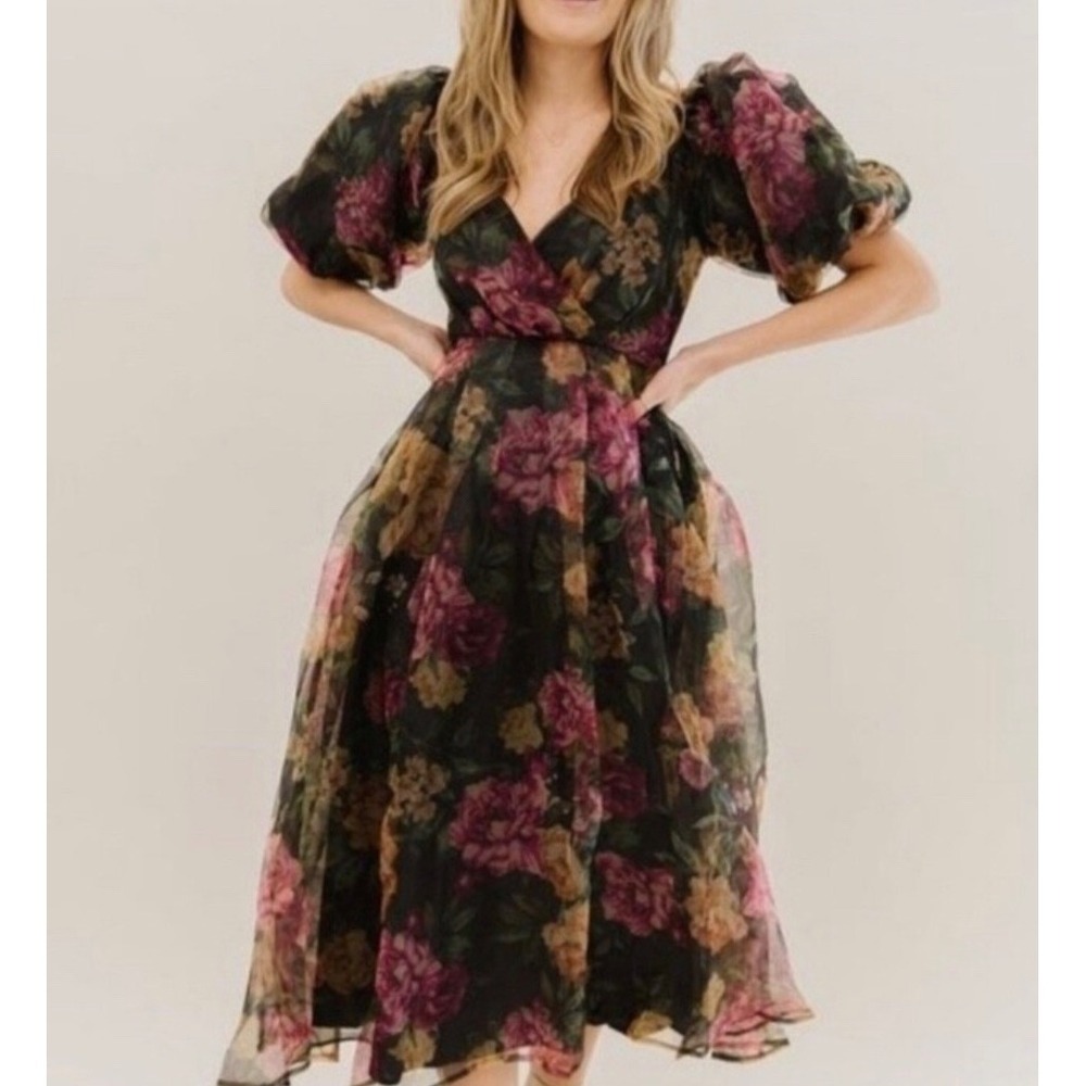 Flying Tomato Dress S Black Pink Floral Tulle Balloon Midi Dark Romantic Party